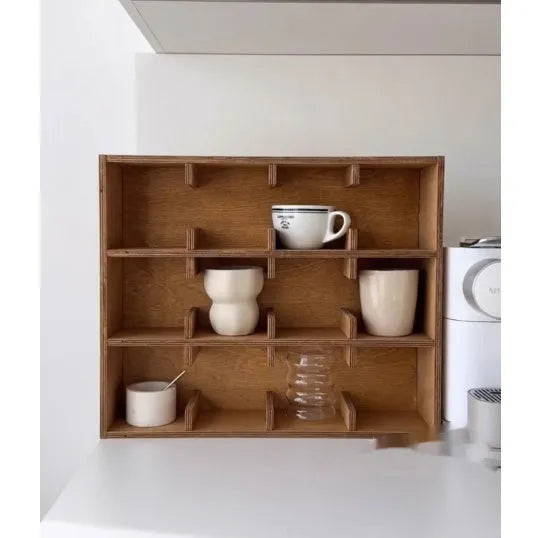 Solid birch wood multi-layer cup storage rack with square design and grid compartments