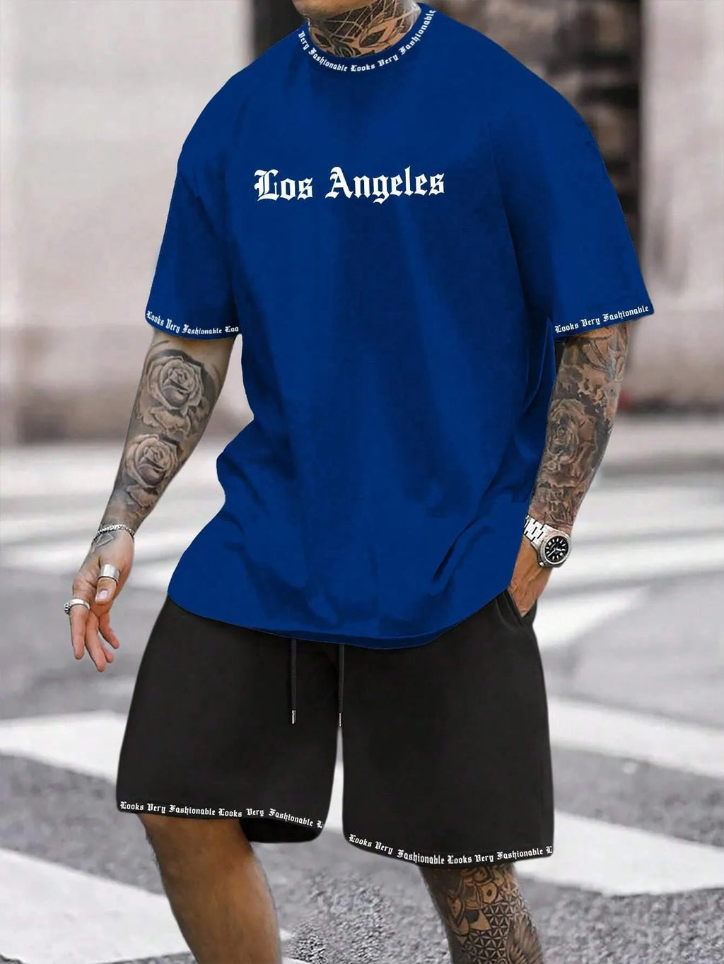 Men's sports shorts and t-shirt set in cotton blend fabric with printed pattern