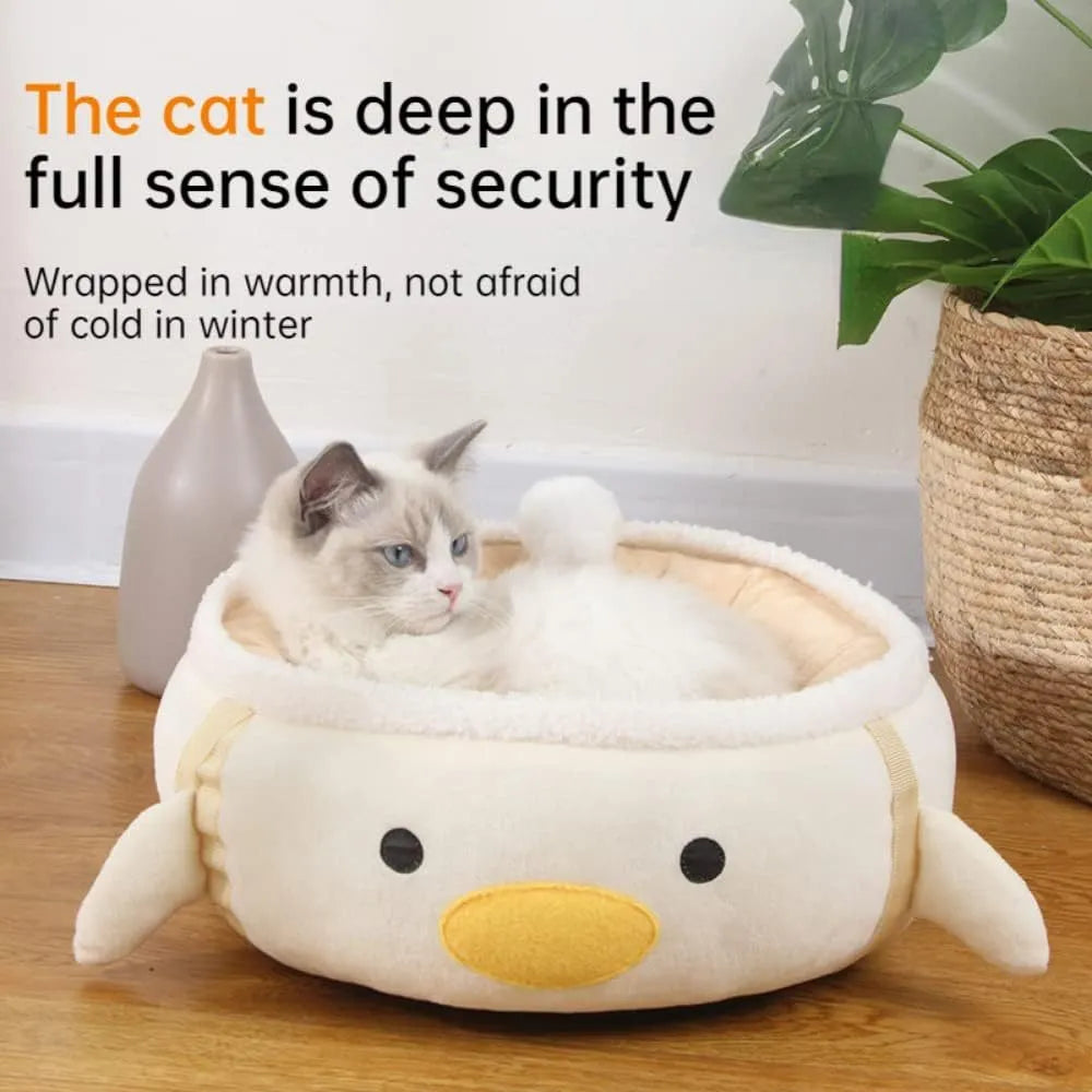 Green dinosaur and chick shaped cat bed shown both flat as a sofa and hanging as a hammock for small pets.