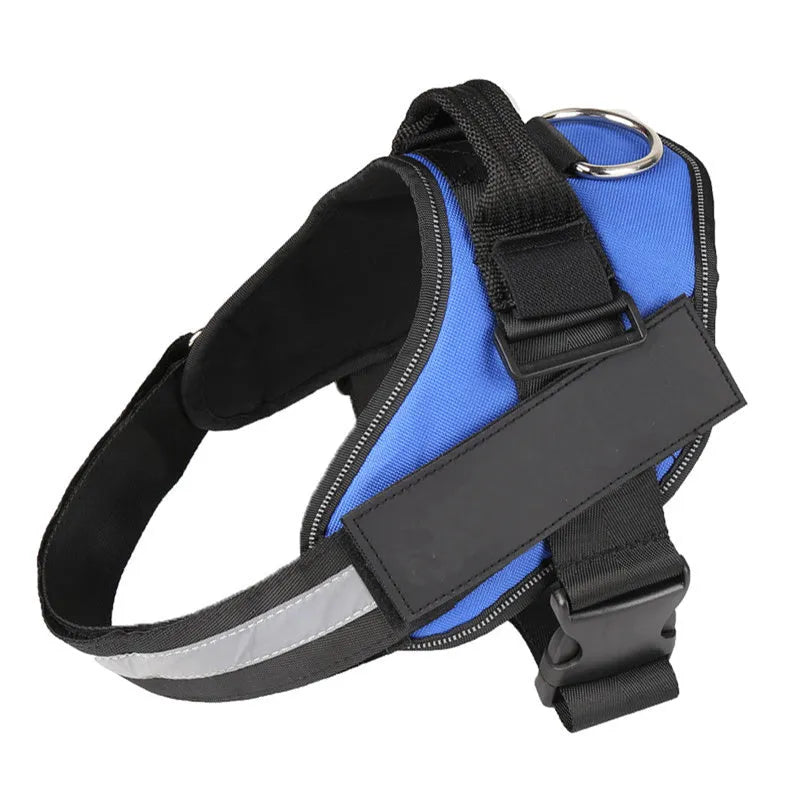 Adjustable reflective dog harness with handle and D-ring on blue background showing size chart