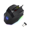 Redragon M801P black dual-mode wireless and wired gaming mouse with nine buttons on an ergonomic design.