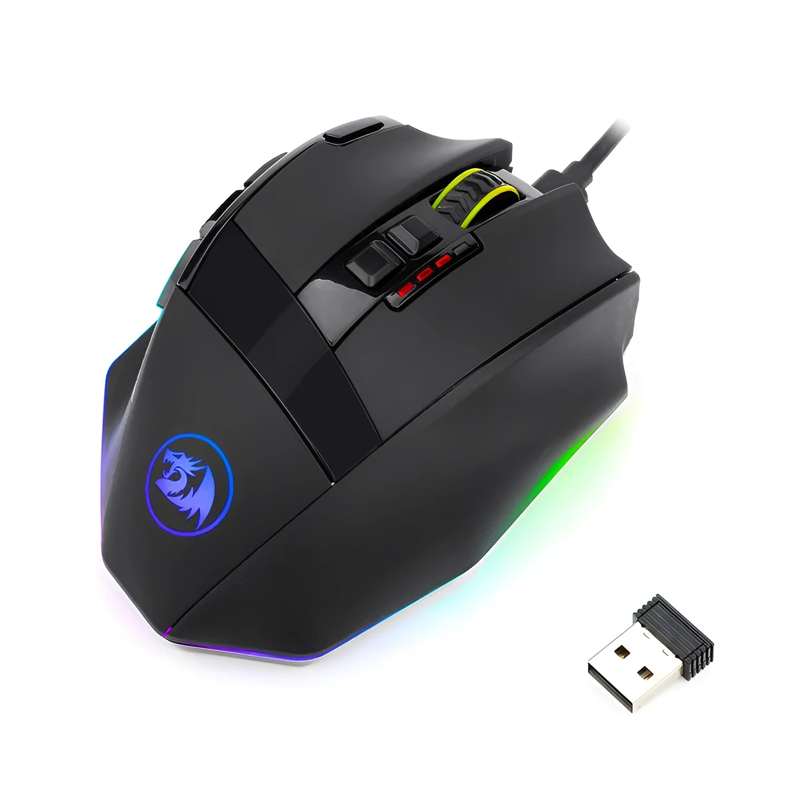 Redragon M801P black dual-mode wireless and wired gaming mouse with nine buttons on an ergonomic design.