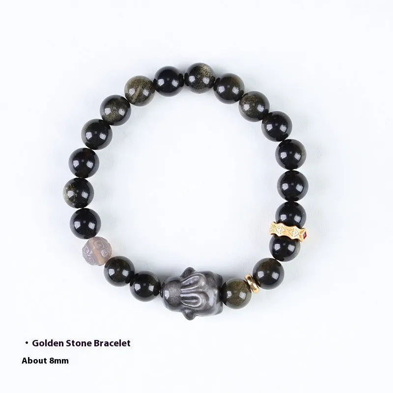 Handmade lying rabbit obsidian bracelet in national style with brass and gray agate