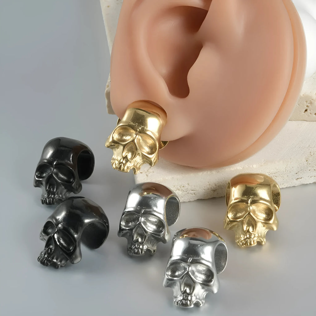 Stainless steel hollow geometric skull Buddha earrings for auricle piercing in electroplated colours
