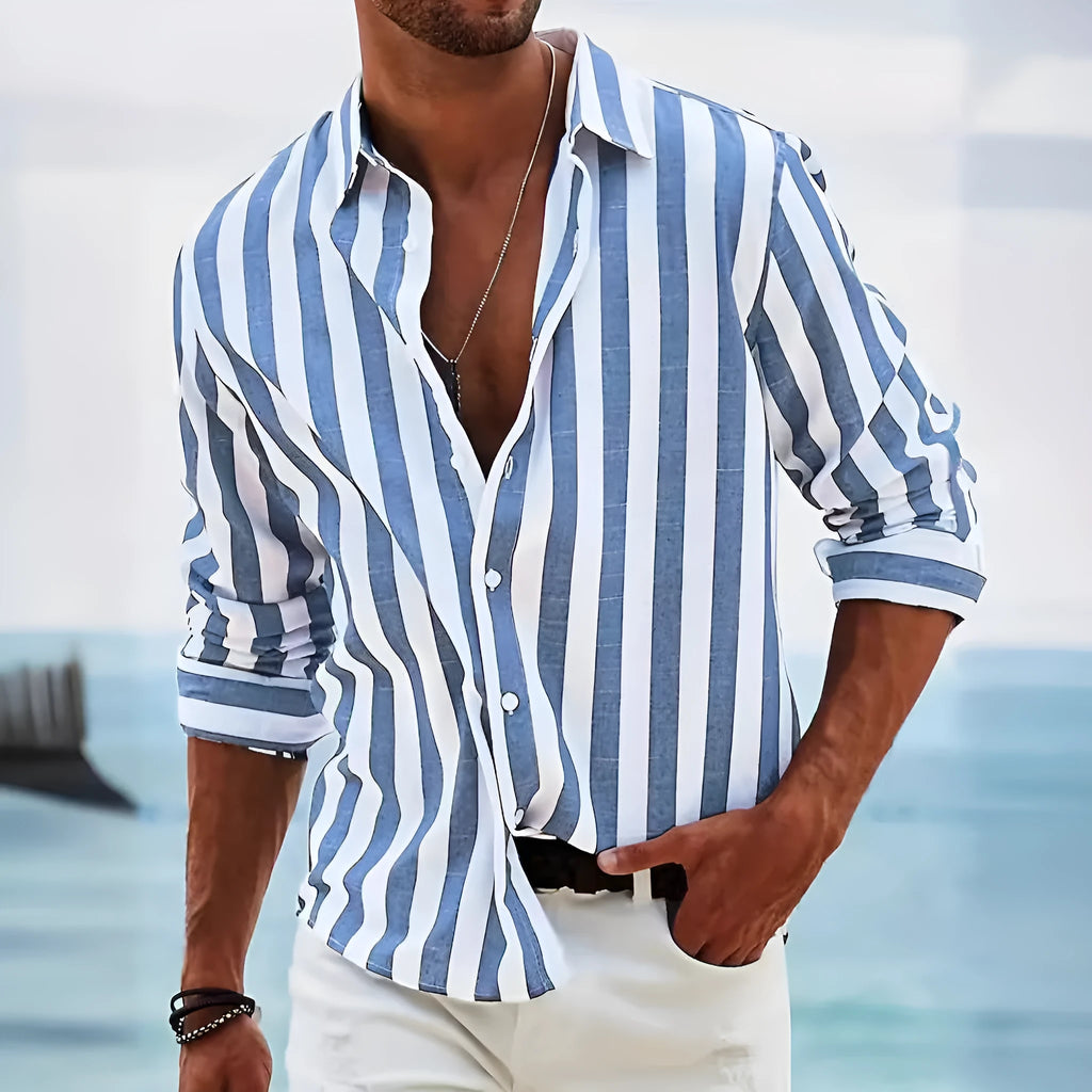 Men's loose striped long-sleeved cardigan shirt in British style on a hanger