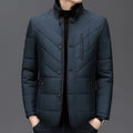 Men's winter short coat in dark blue with cotton-padded insulation and side pockets