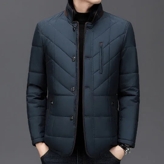 Men's winter short coat in dark blue with cotton-padded insulation and side pockets