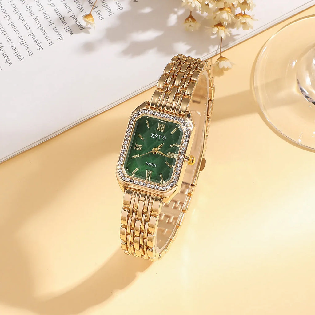 Gold green square ladies watch with four matching bracelets in five-piece jewellery set