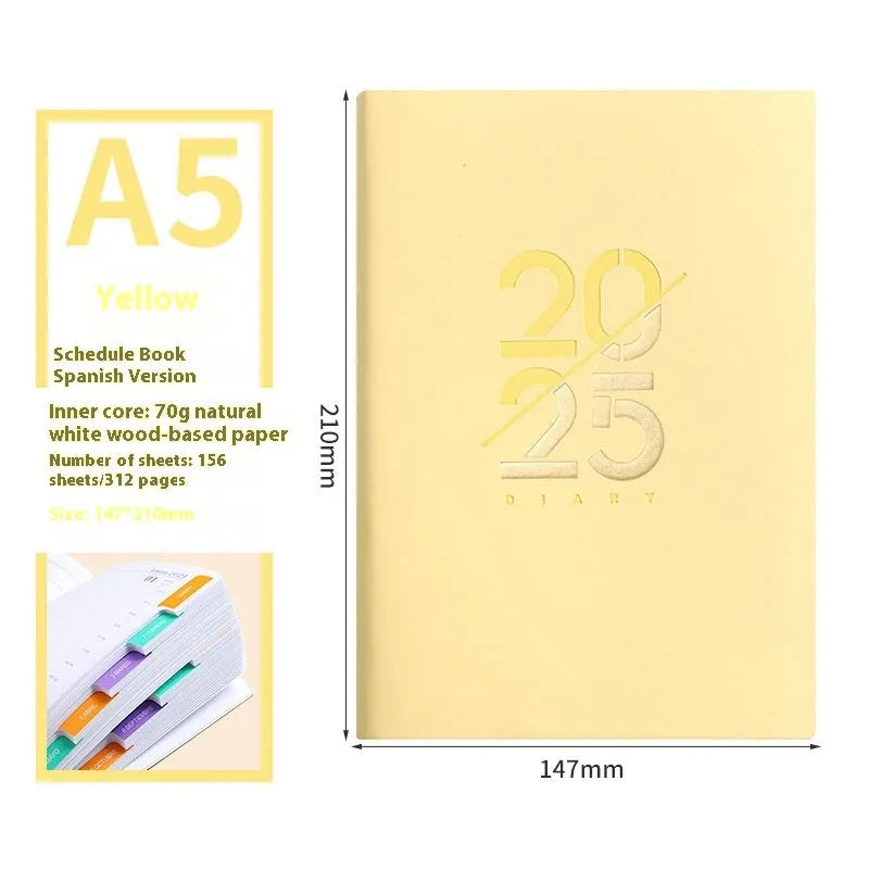 Soft faux leather A5 daily planner book open on a desk, showing Dorian paper pages and available colour variants.