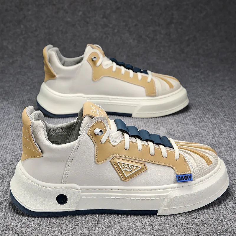 Men's beige low-top sneakers with elastic band and round toe on a white background