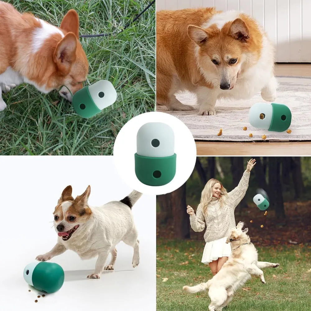 White and blue food grade silicone dog puzzle ball treat toy shown on a wooden floor.