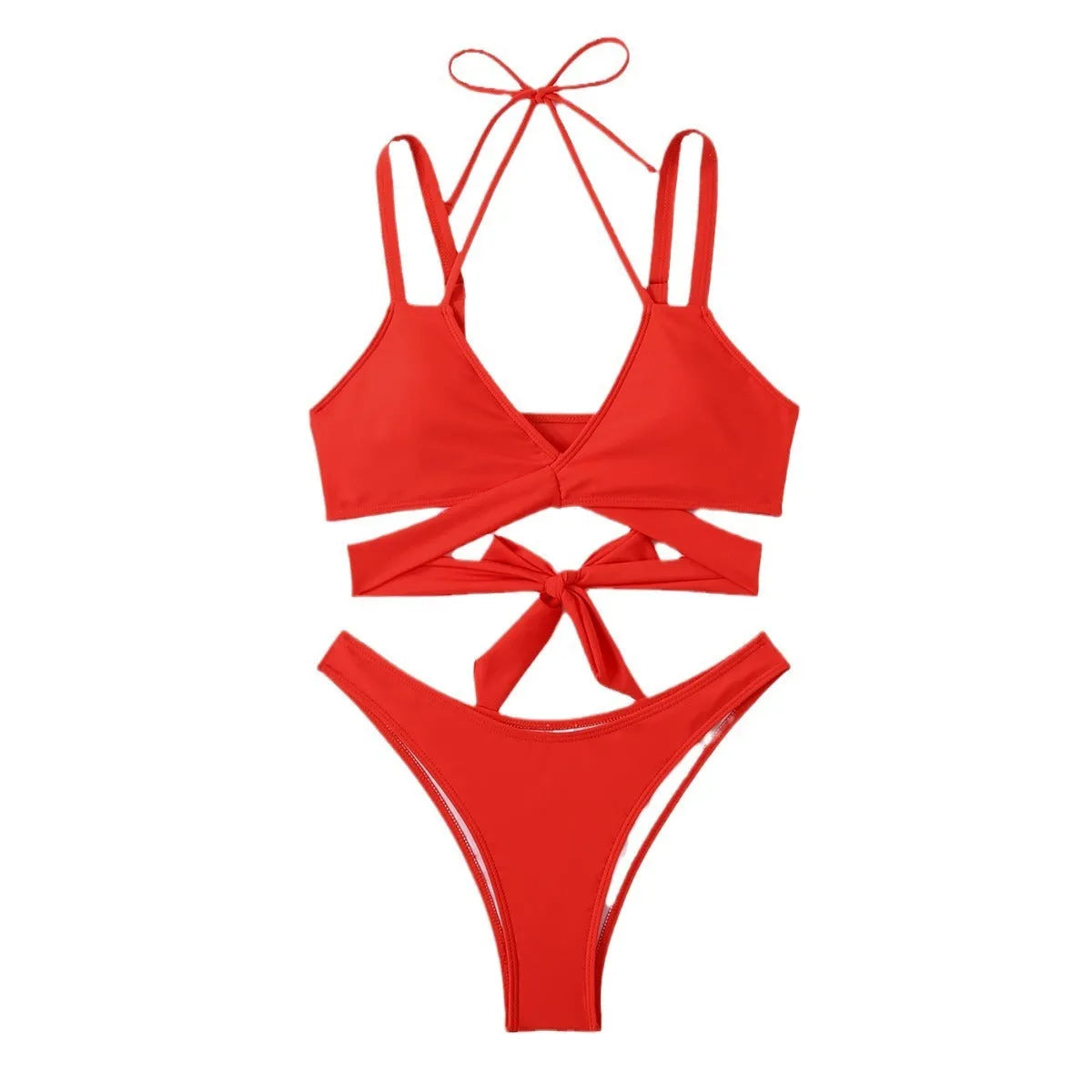Women's solid colour strapless bikini swimsuit in black, blue, red, rose red, or white.