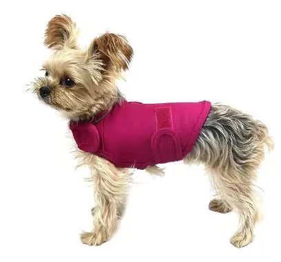 A dog wearing a soft cotton tank top for anxiety relief, shown in a choice of colours including brown, dark blue, dark green, and grey.