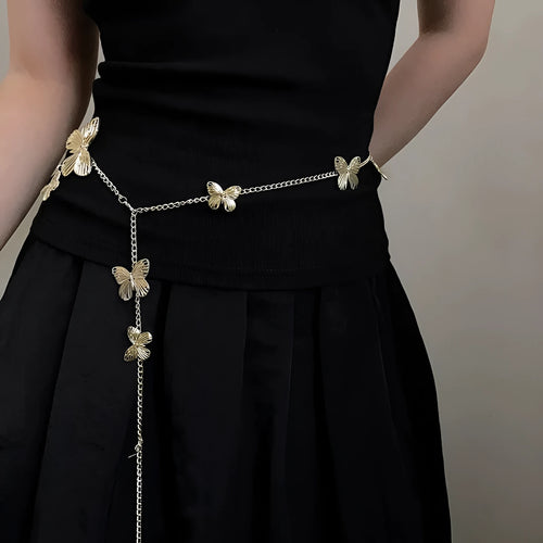 Gold butterfly waist chain with 104cm length and 40cm width on mannequin