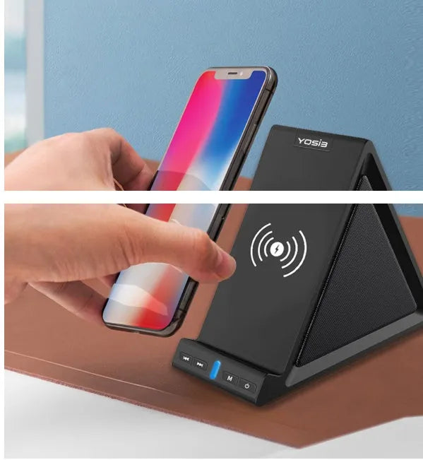 Black multifunctional Bluetooth speaker with integrated phone stand and wireless charging pad showing 165mm length