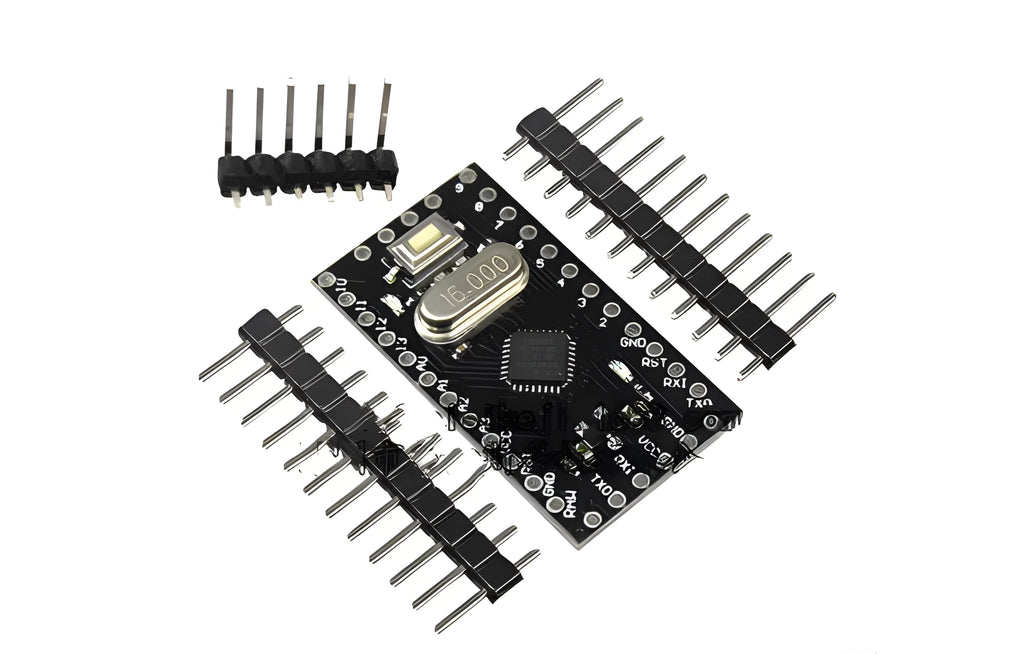 Mini Pro ATMEGA328P microcontroller circuit board with pin headers and components