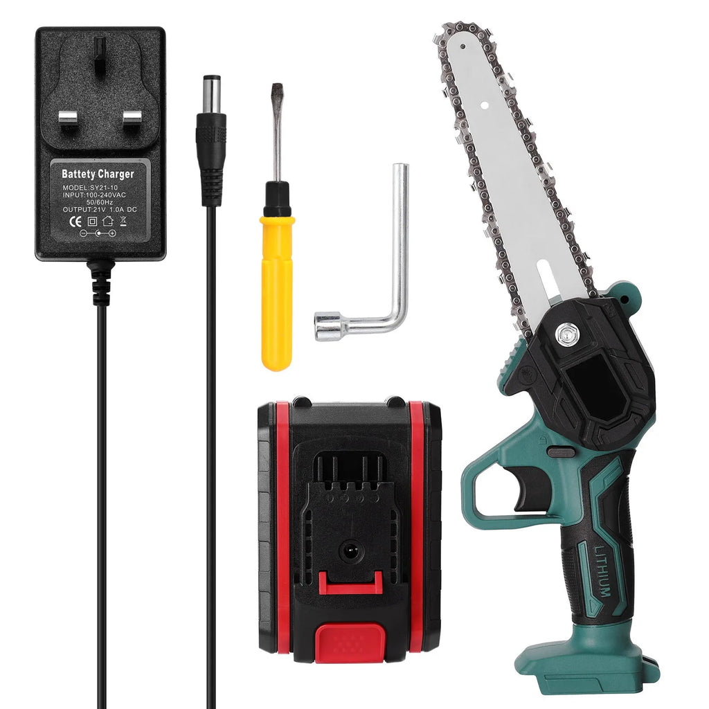 Black one-hand mini electric chainsaw with a 4-inch guide bar on a wooden log.