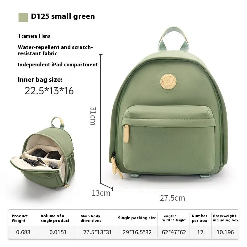 Women's solid-colour shoulder camera bag with a detachable iPad pocket in splash-proof polyester fabric.