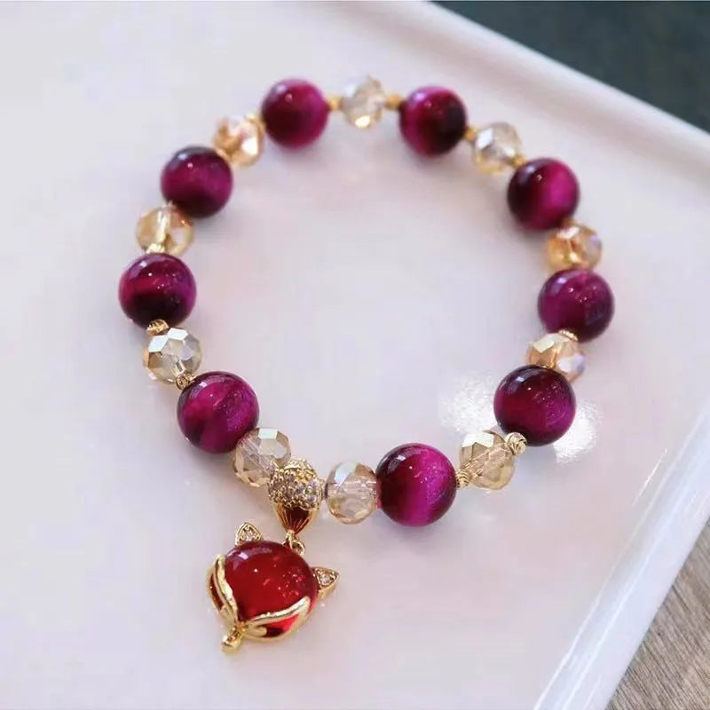 Handmade tigereye stone bracelet with leather or fox pendant in single or double chain style