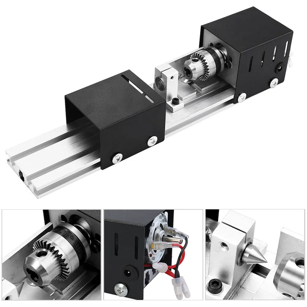 Silver metal mini woodworking lathe with 140mm capacity and included carving knives and wrenches on white background