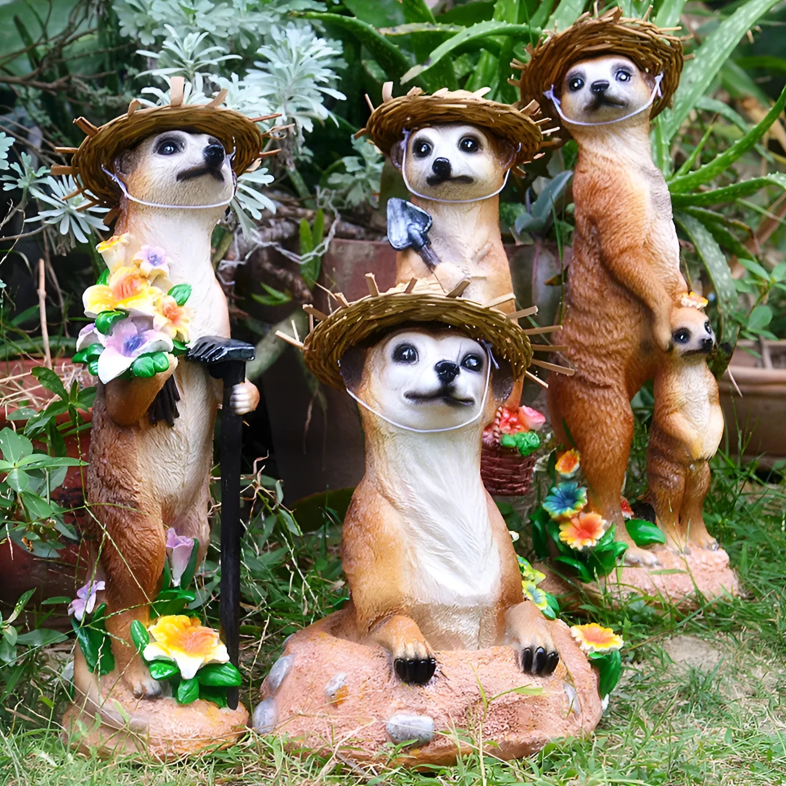 Straw hat mongoose ornament set with gardening tools in yellow brown and straw colour variations