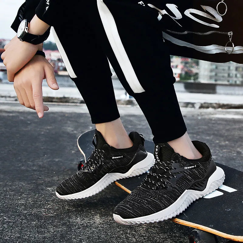 Student breathable running shoes in multiple colours with mesh upper and front strap