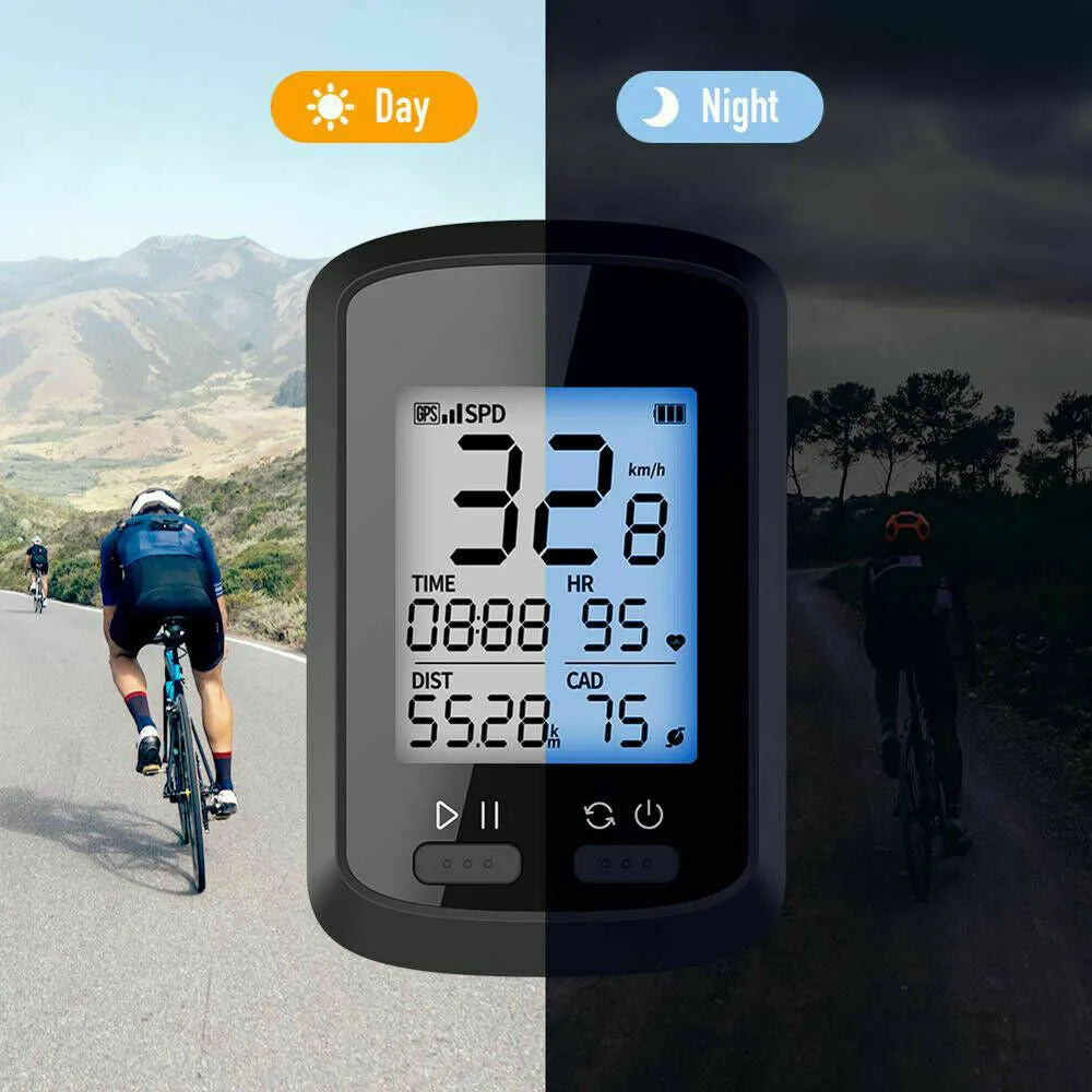 Black plastic waterproof digital stopwatch for bicycle riding on handlebars.