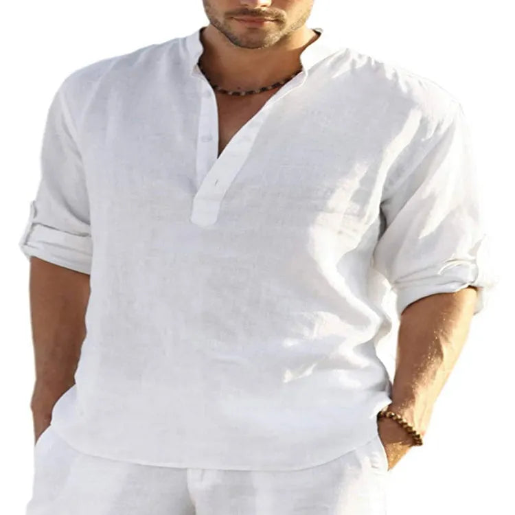 Men's solid colour long sleeve shirt with a stand collar, shown in a light blue shade
