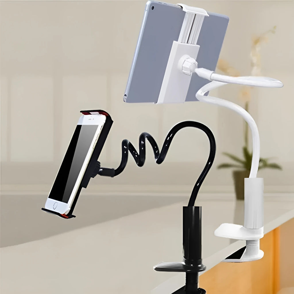 Black flexible mount holder with suction base holding a tablet at adjustable angle