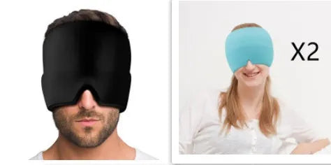 Black adjustable cold compress gel eye mask for headache relief on a plain background.