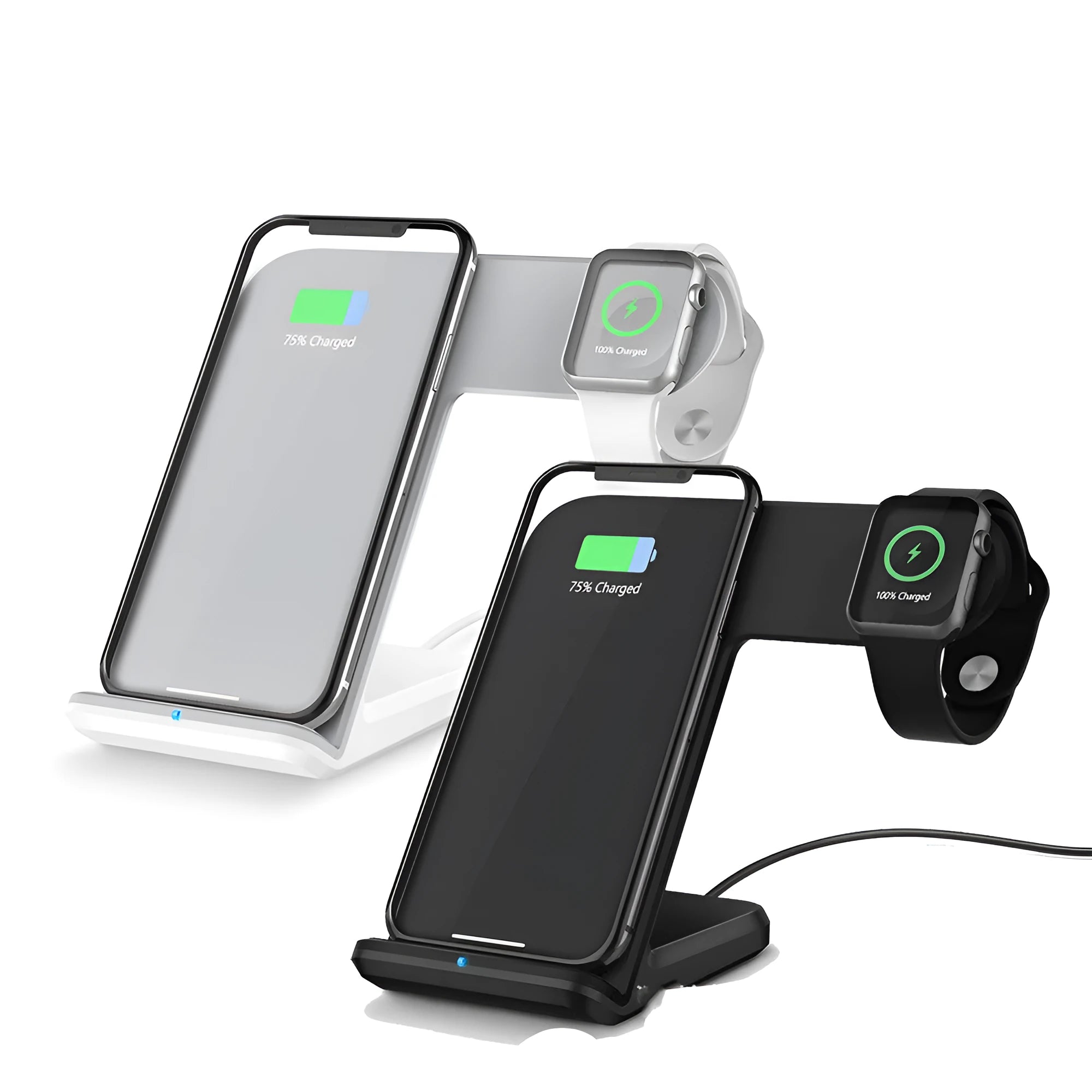 Black and white mobile phone wireless charger with Type-C cable, showing compact size.