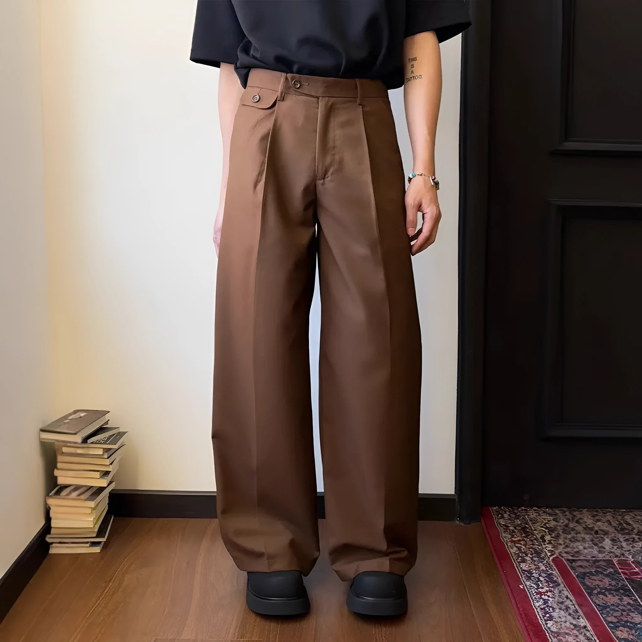 Men's straight loose wide-leg casual trousers in black and brown poly-blend fabric