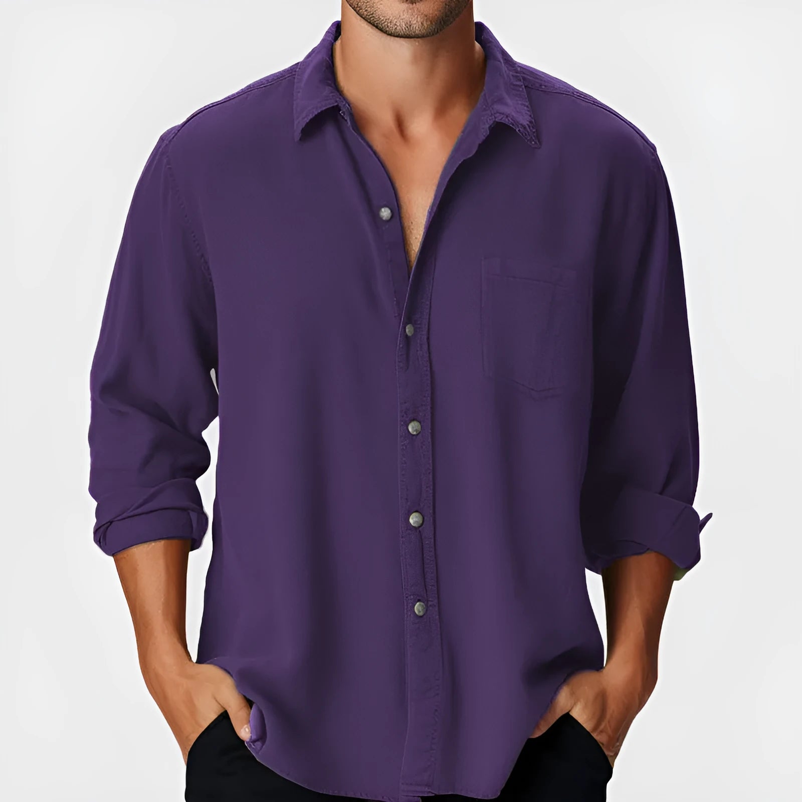 Men's loose fit beach shirt with stand collar and long sleeves in various colours