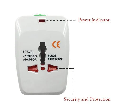 Compact white universal travel plug adapter showing UK plug socket and extendable US, EU, and AU pins