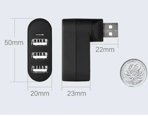 Black and white 4-port USB 2.0 splitter hub shown next to a laptop