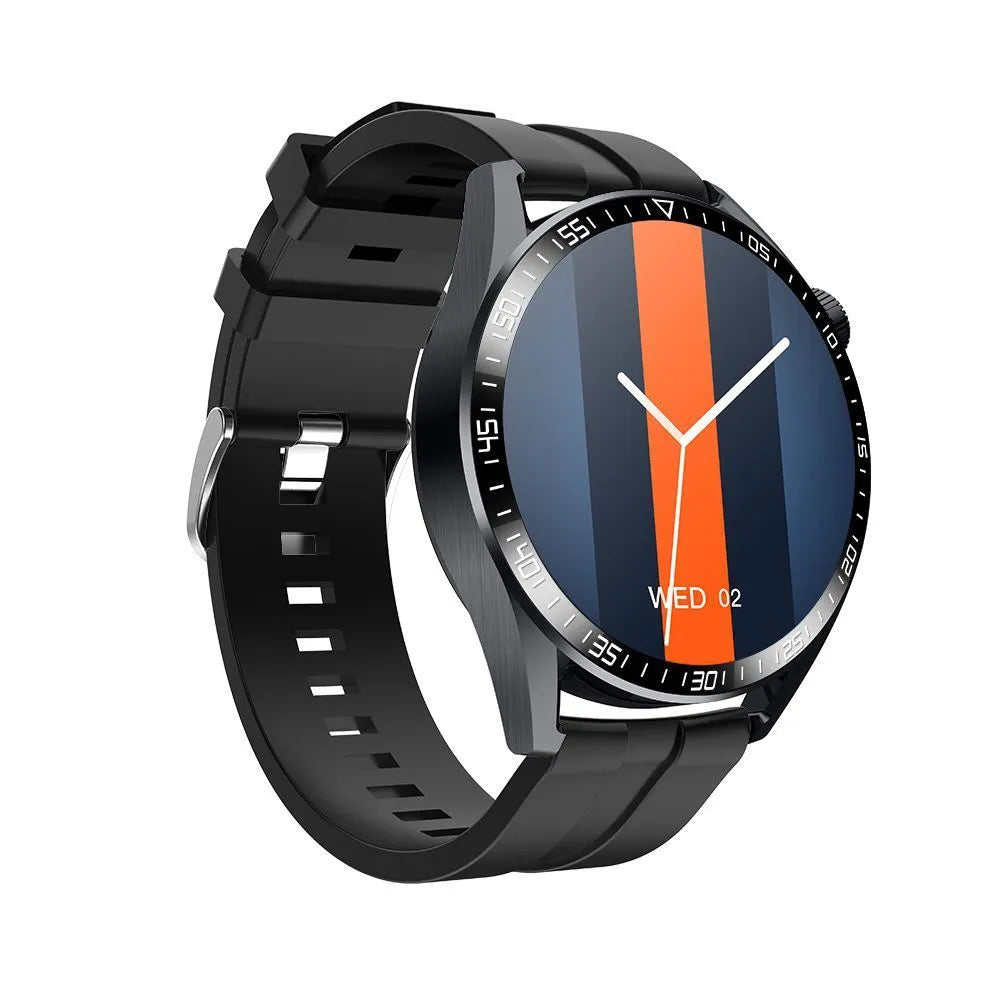 Black GS3 Max smartwatch with a silicone strap on a wrist, showing a home screen with health metrics.