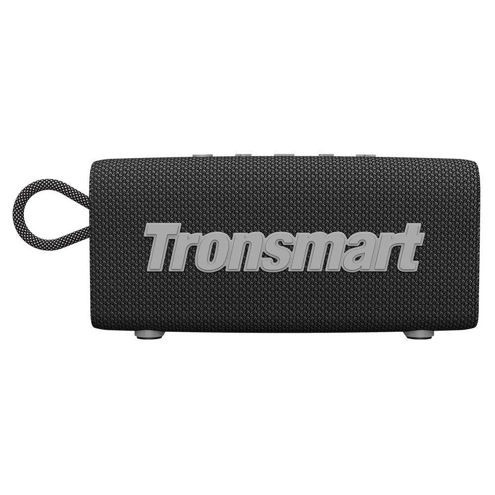 Portable waterproof Bluetooth speaker in black showing control buttons and lithium battery compartment