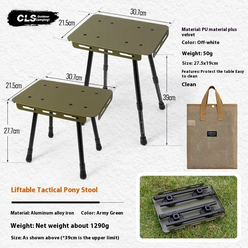 CLS Outdoor aluminium folding camping stool with PU cushion next to its bag that converts into a small table.