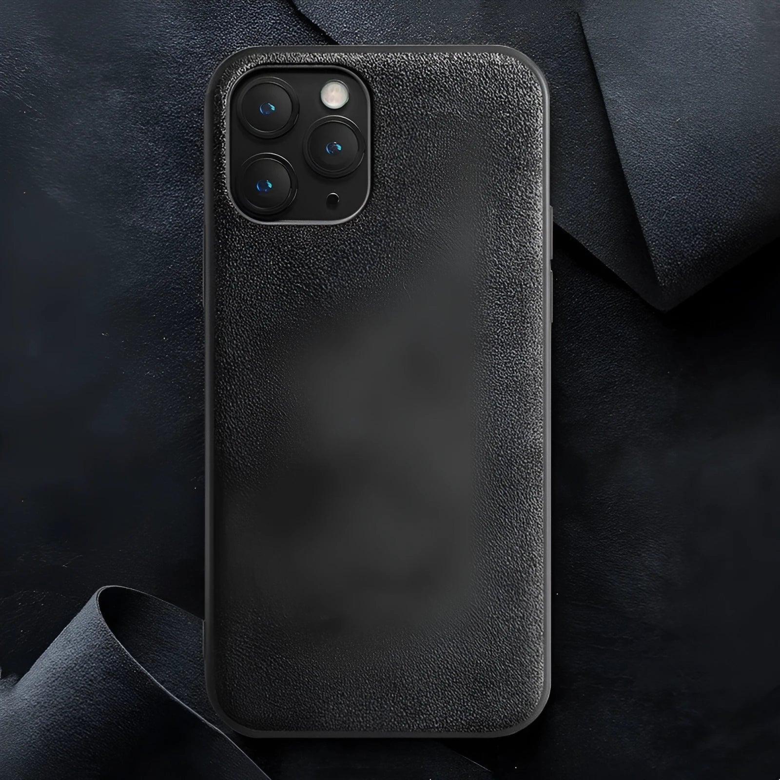 Suede back cover phone case for iPhone in elegant black, dark night green and dark blue.