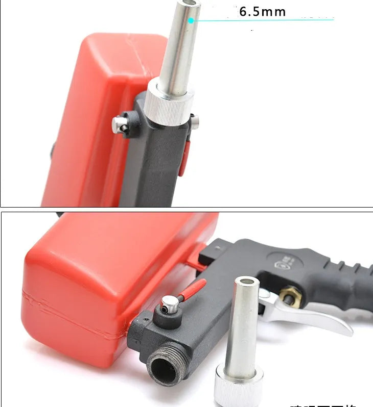Portable black or blue gravity feed pneumatic sandblasting gun with upper pot tank.