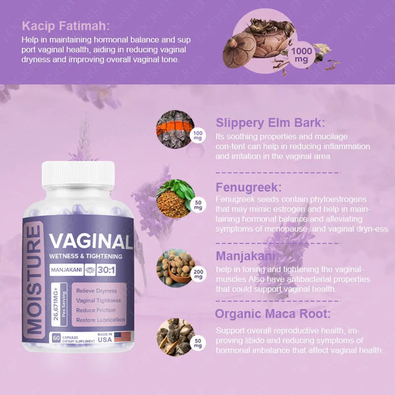 Bottle of 60 vaginal capsule dietary supplements for adult women