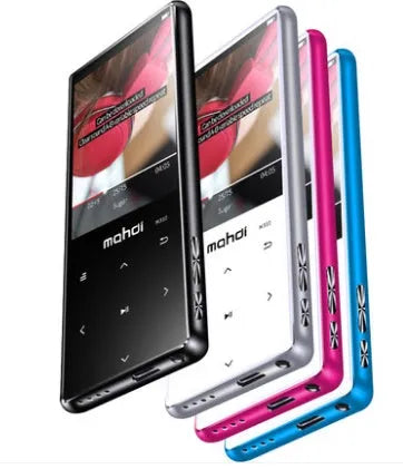 Silver portable MP3 MP4 music player with 2.4-inch touch screen showing music interface.