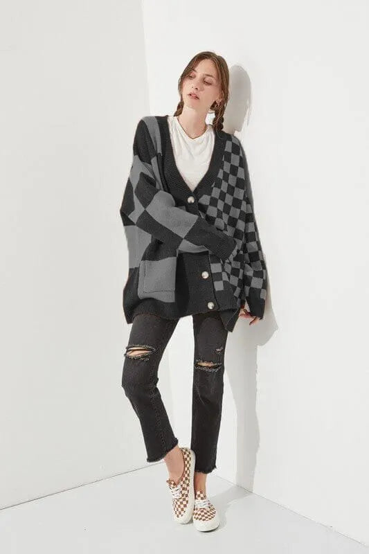 Loose fit printed checks cardigan knitwear in multiple colour options showing front view
