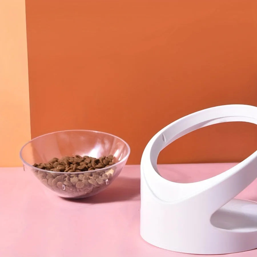 Clear white plastic cat food bowl with 4-degree anti-vomit tilt angle
