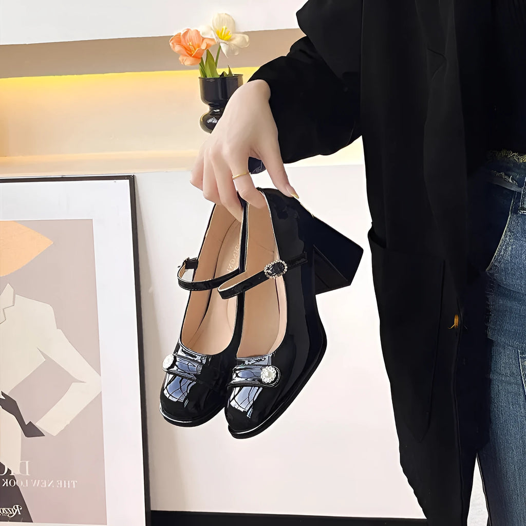 Women's black patent leather chunky heel round toe shoes with buckle strap