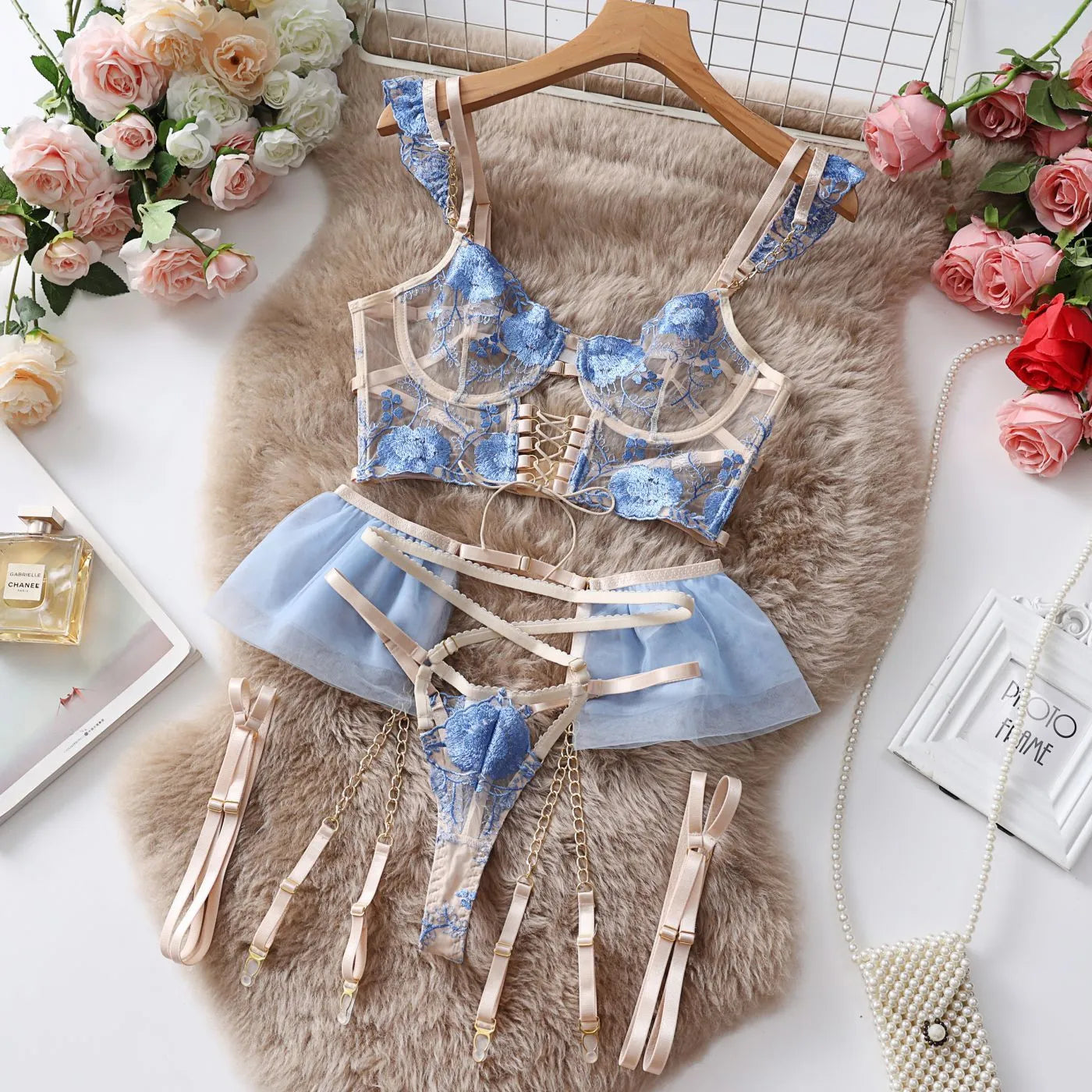 Light blue embroidered lace push-up bra and pants set with transparent mesh detail