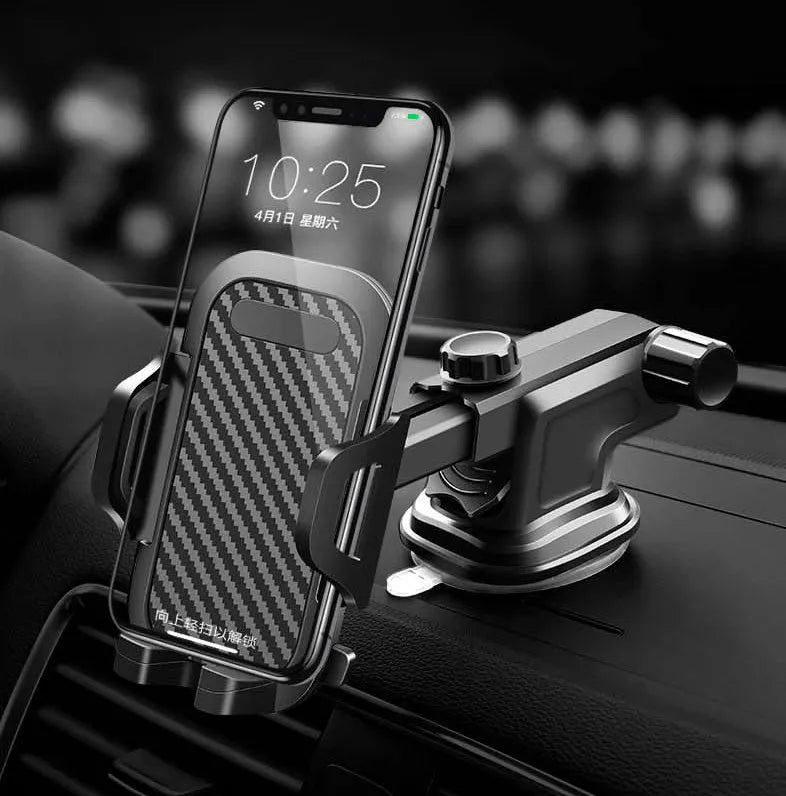 Black car phone holder made of ABS and EVA for mounting 4 to 7 inch smartphones.