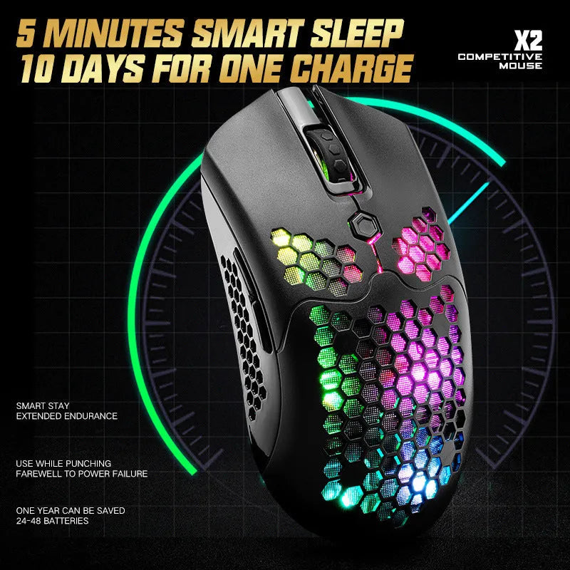 Wireless gaming mouse with RGB lighting in black, green, pink, white, and yellow colour options showing dual-mode connectivity