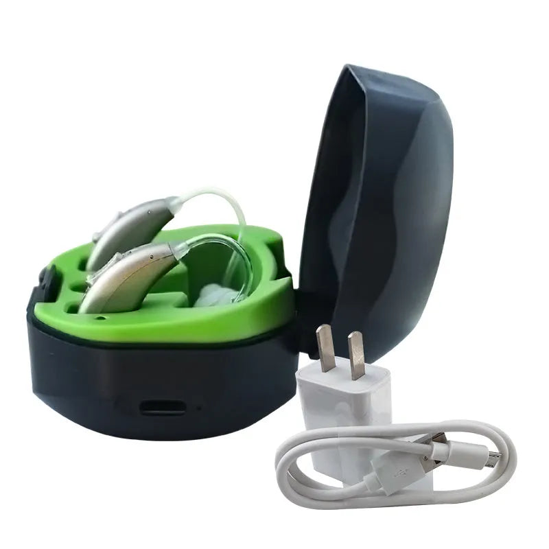 Rechargeable invisible hearing aid and USB charging case on a table.