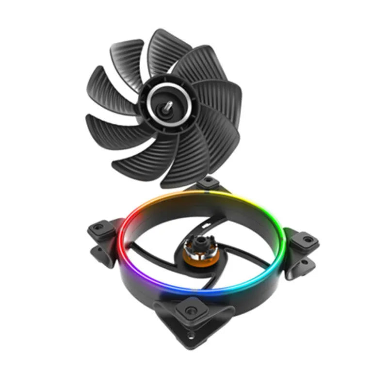 Three black 120mm RGB PC cooling fans with illuminated blades on a dark background